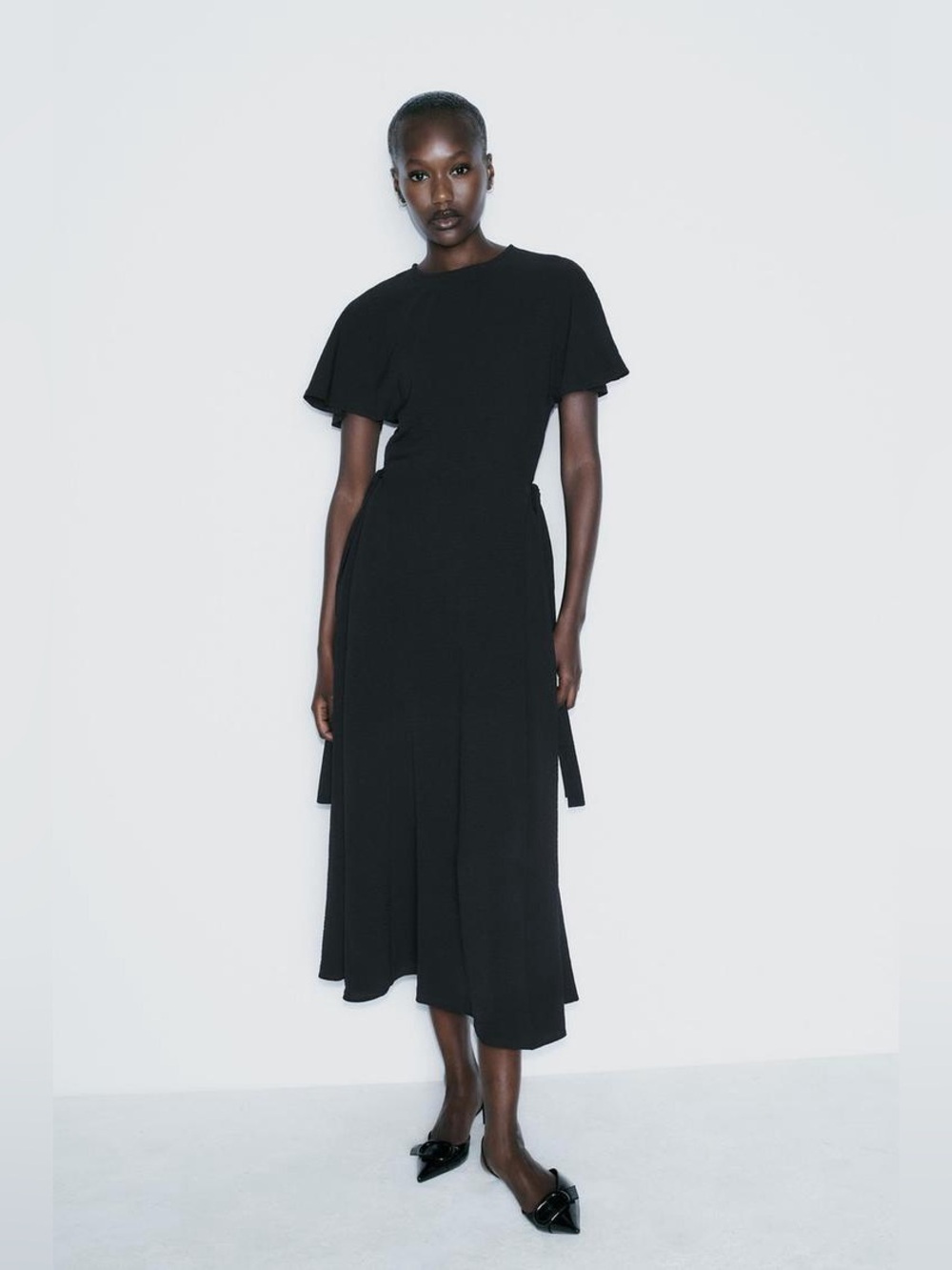 ZARA Flowy Midi Dress with Tie Waist Black XL